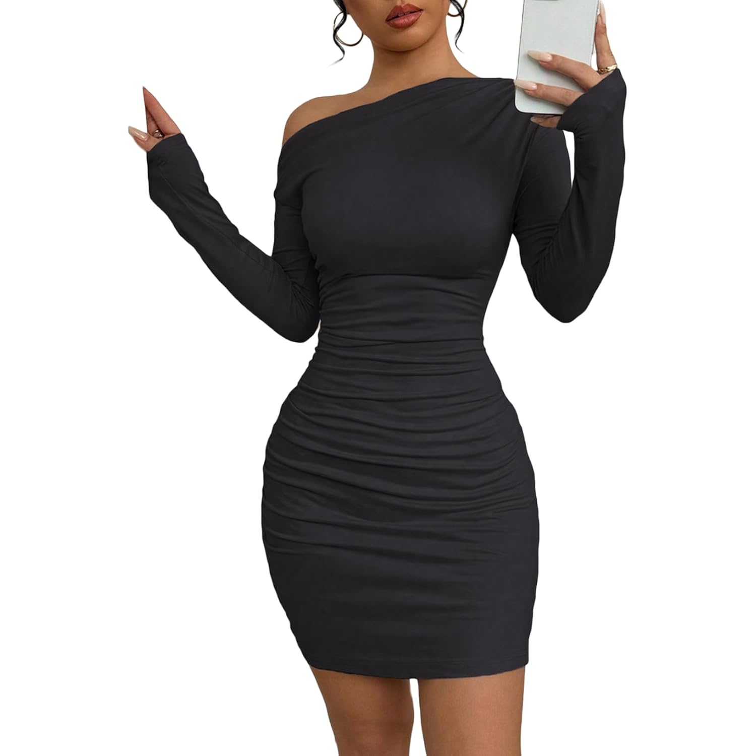 Fall Off the Shoulder Dresses for Women 2025 Long Sleeve Ruched Bodycon Cocktail Party Mini Dress(Size Down)
