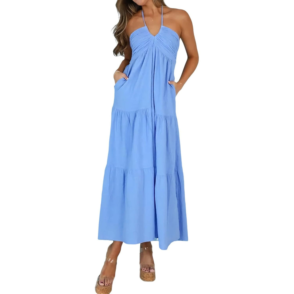 Women'S Casual Halter Tiered Vacation Maxi Dress With Pockets
