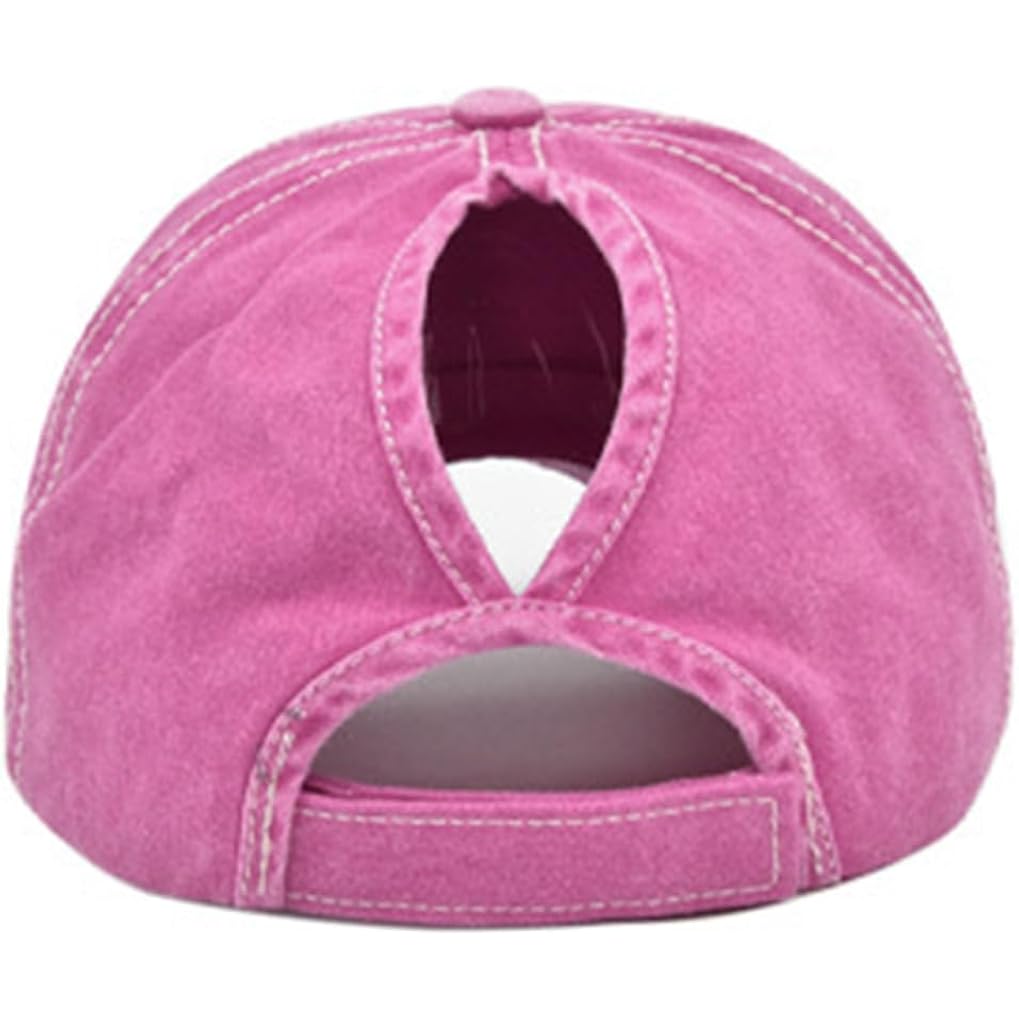 Initlove Ponytail Baseball Cap for Women Star High Messy Bun Caps Washed Cotton Distressed Hats Rose Red