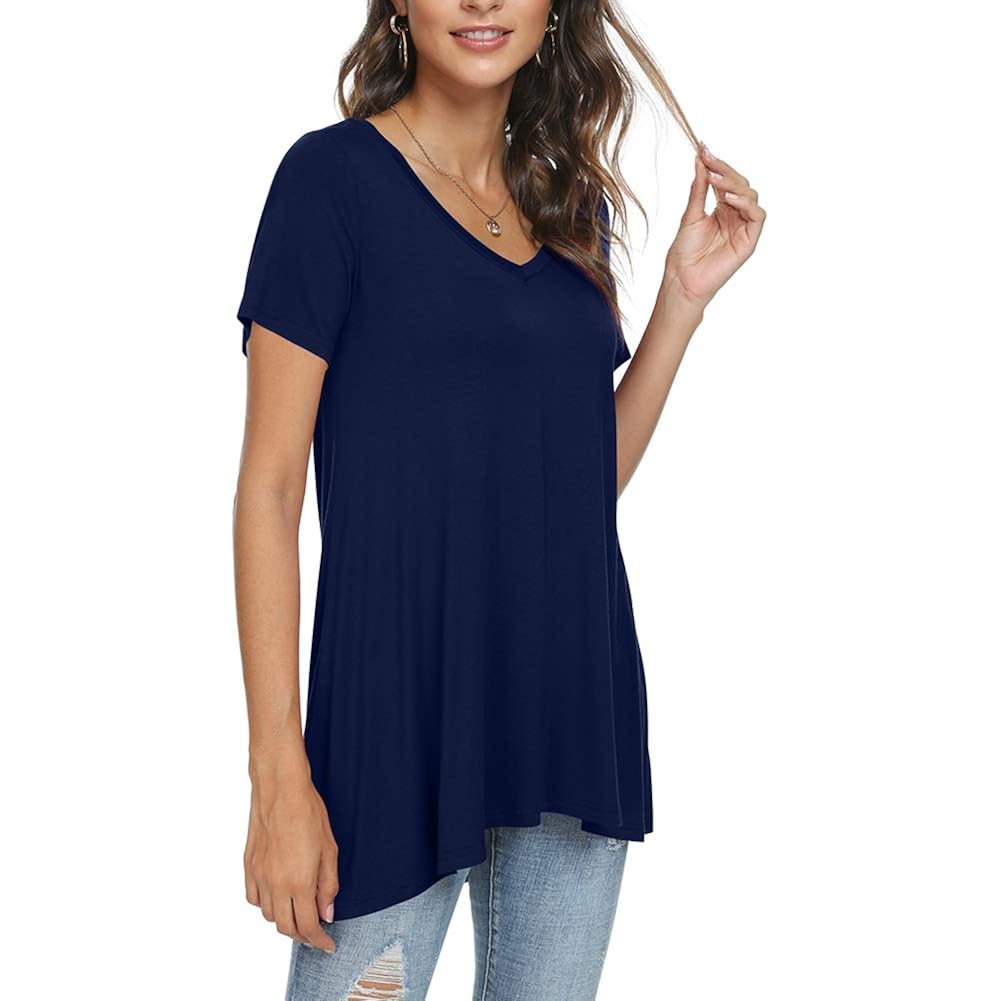 Women's long Tunic Tops to Wear with Leggings Summer Short Sleeve Loose Fit Dressy Shirts M-5XL