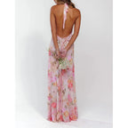 Women Halter Backless Dress Deep V Neck Open Back Mesh Maxi Dress Beach Vacation Wedding Guest