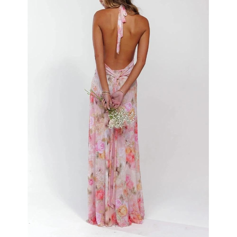 Women Halter Backless Dress Deep V Neck Open Back Mesh Maxi Dress Beach Vacation Wedding Guest
