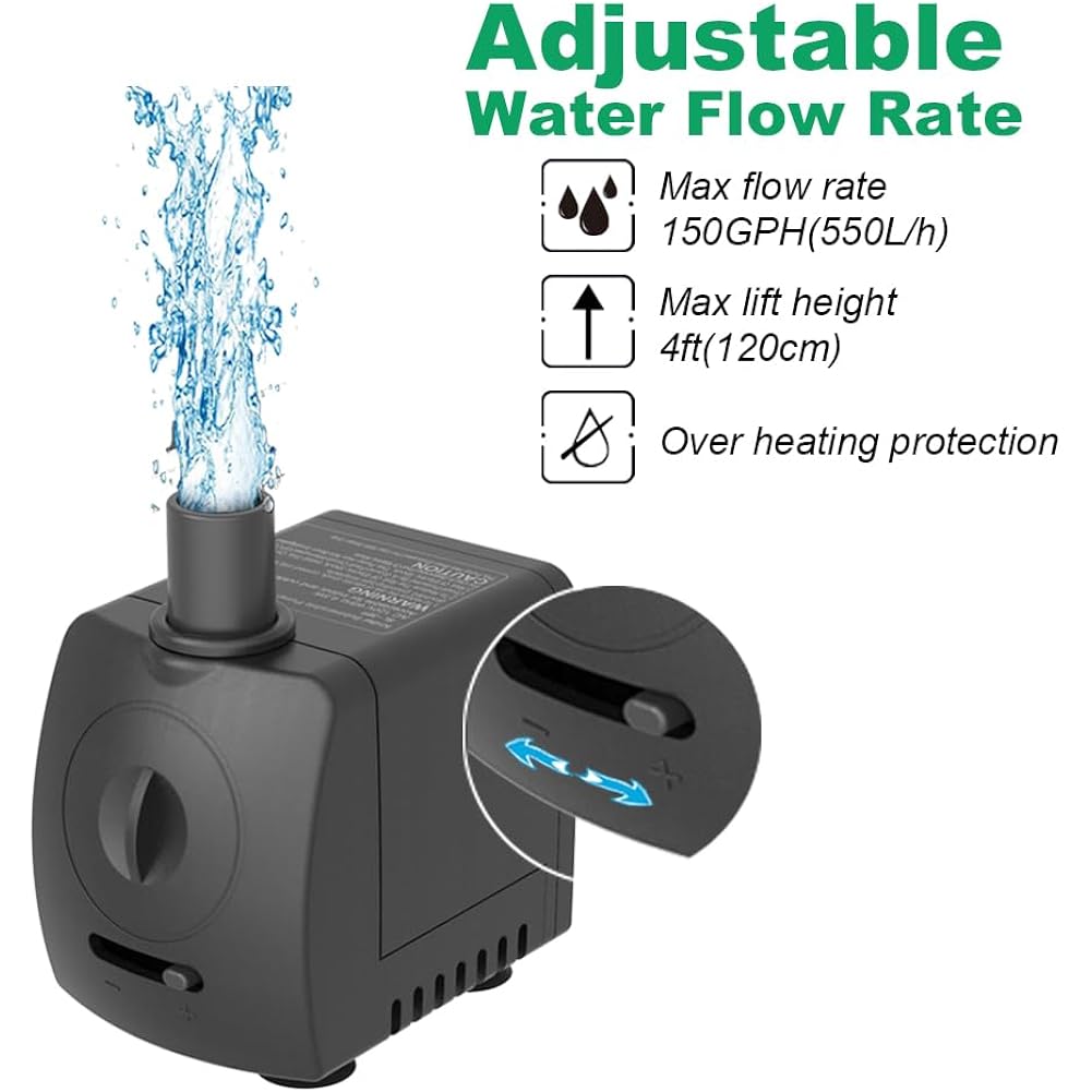 Submersible Pump 150Gph (550 L/H 9.5W) Ultra Quiet With Over Heating Protection 4Ft High Lift For Fountains, Hydroponics, Ponds, Aquariums & More