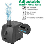 Submersible Pump 150Gph (550 L/H 9.5W) Ultra Quiet With Over Heating Protection 4Ft High Lift For Fountains, Hydroponics, Ponds, Aquariums & More