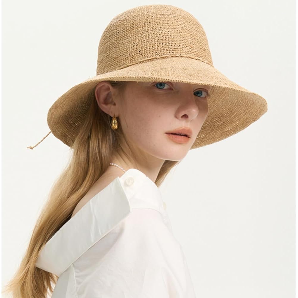Women'S Raffia Straw Hat Summer Beach Bucket Hat Handmade Natural Raffia Woven Sun Hats Foldable Floppy Cap