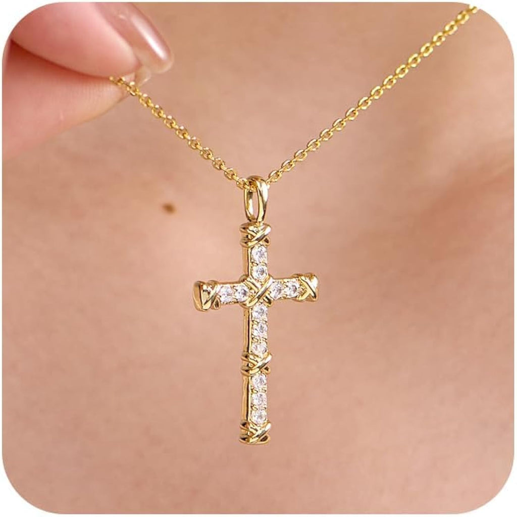 14K Gold Cross Necklace for Women,Gold Filled Sterling Silver Cross Necklace CZ Diamonds Crucifix Pendant Necklaces,Religious Jewelry Gift for Easter Christmas Mother's Day Birthday Daily Wear