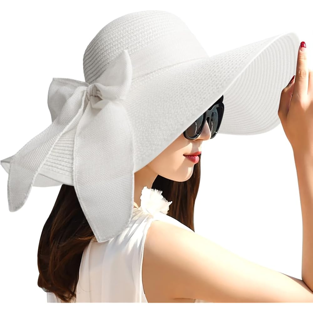 Sun Hats for Women Straw Wide Brim Summer Beach Hat with Big Bow Floppy Foldable Roll up Cap for Outdoor UPF 50+ Big Bow : White