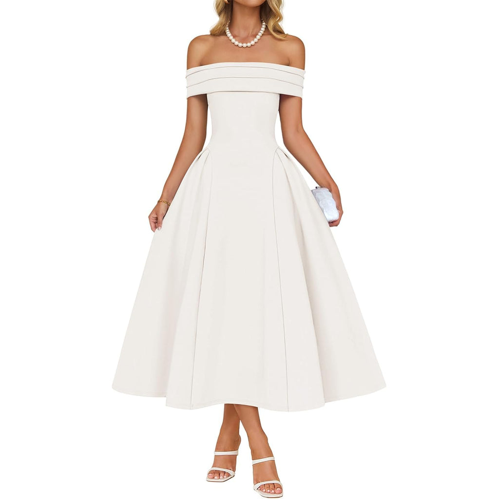 Zesica Summer 2026 Cocktail Dresses For Women'S Off Shoulder Short Sleeve Swing A Line Wedding Evening Party Midi Dress