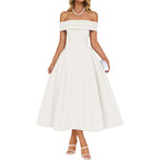 Zesica Summer 2026 Cocktail Dresses For Women'S Off Shoulder Short Sleeve Swing A Line Wedding Evening Party Midi Dress