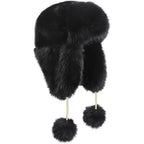 Women Faux Fur Trapper Hat with Pompoms Warm Classic Ear Flaps Hat Fuzzy Bobble Cap Warm Outdoor Ski Snow Cap