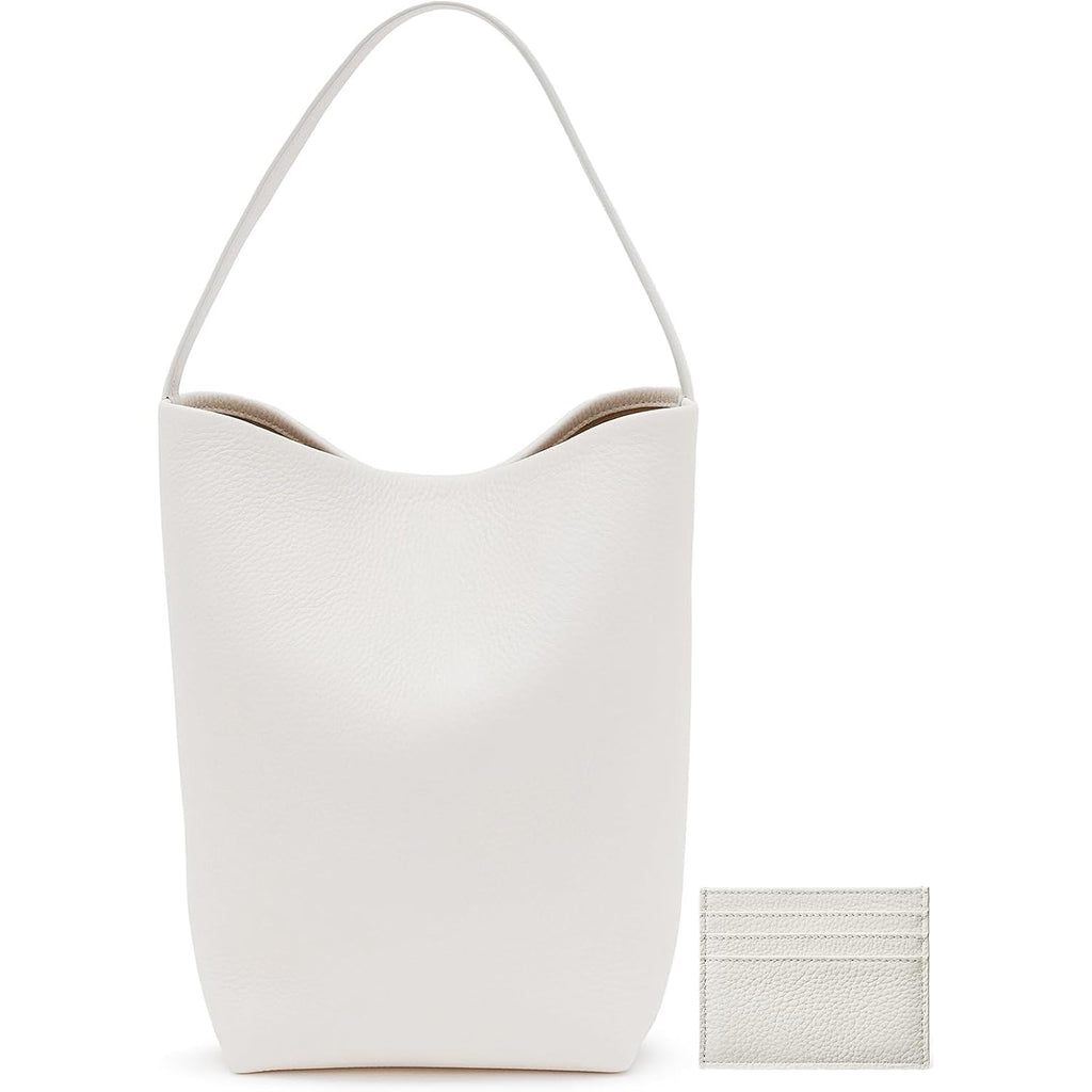 Genuine Leather Bucket Bag with Credit Card Holder Wallet, First Layer Pebble-grained Calfskin Tote Bag