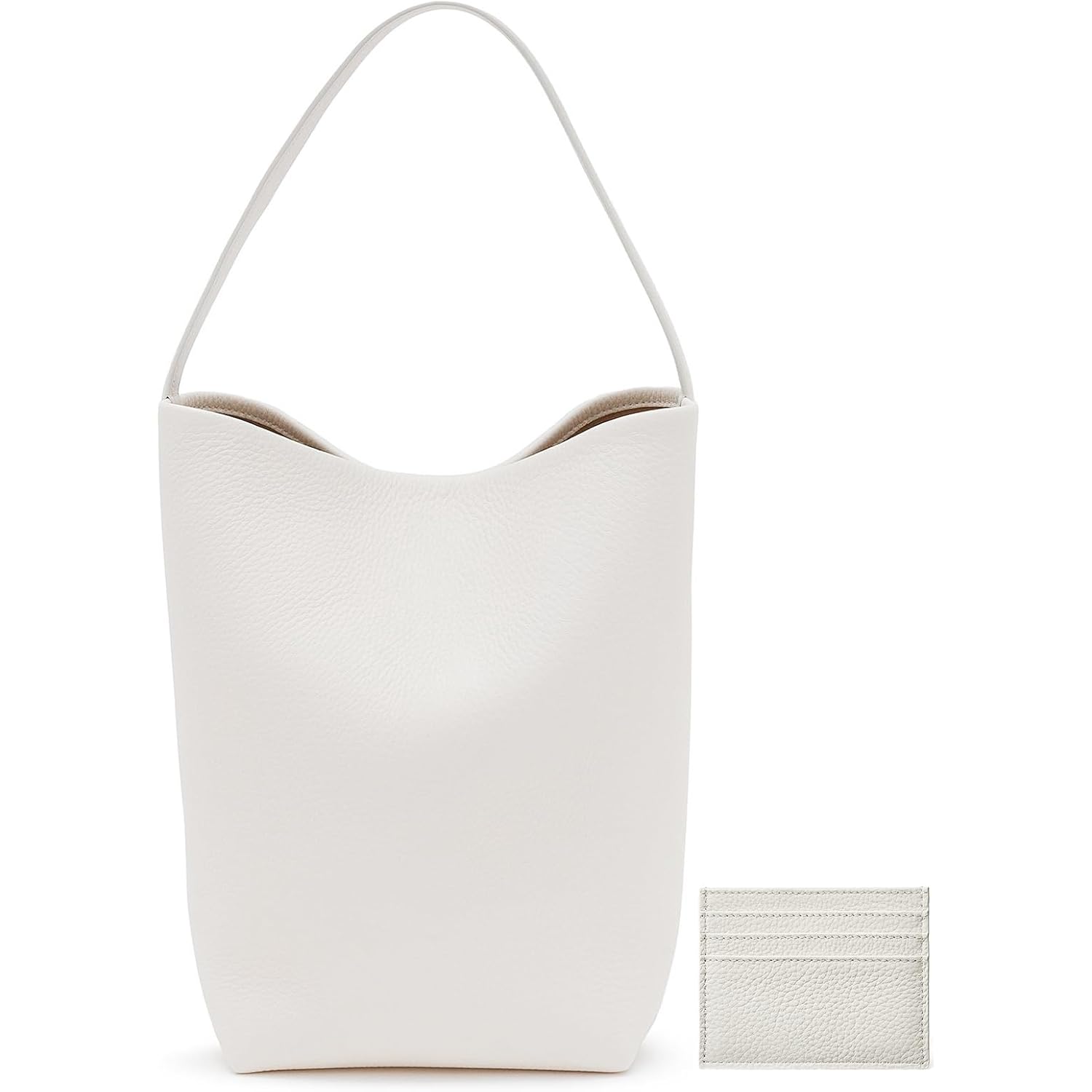 Genuine Leather Bucket Bag with Credit Card Holder Wallet, First Layer Pebble-grained Calfskin Tote Bag