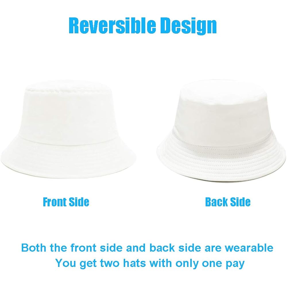 Bucket Hat for Women Men, Reversible Cotton Summer Sun Beach Cap Solid Color Style White