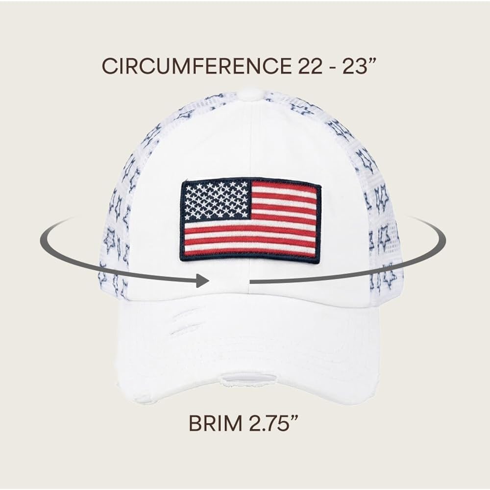 C.C Women's Criss-Cross Ponytail Baseball Cap – Embroidered Cotton Front, American Flag Mesh Back, Adjustable Velcro Flag-white