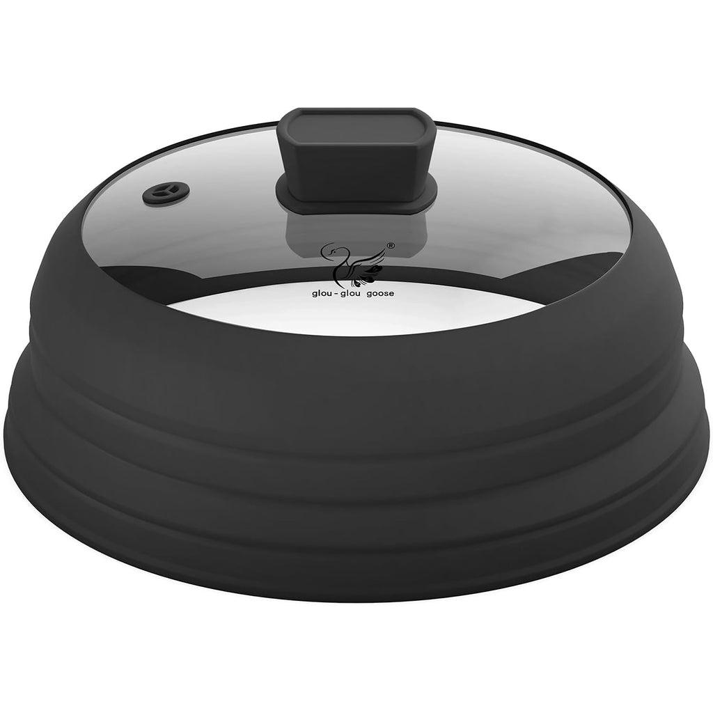 Microwave Splatter Cover Glass Splatter Guard Lid with Collapsible Silicone for Food Pot Cover Plate Cover 10.8 inch Black