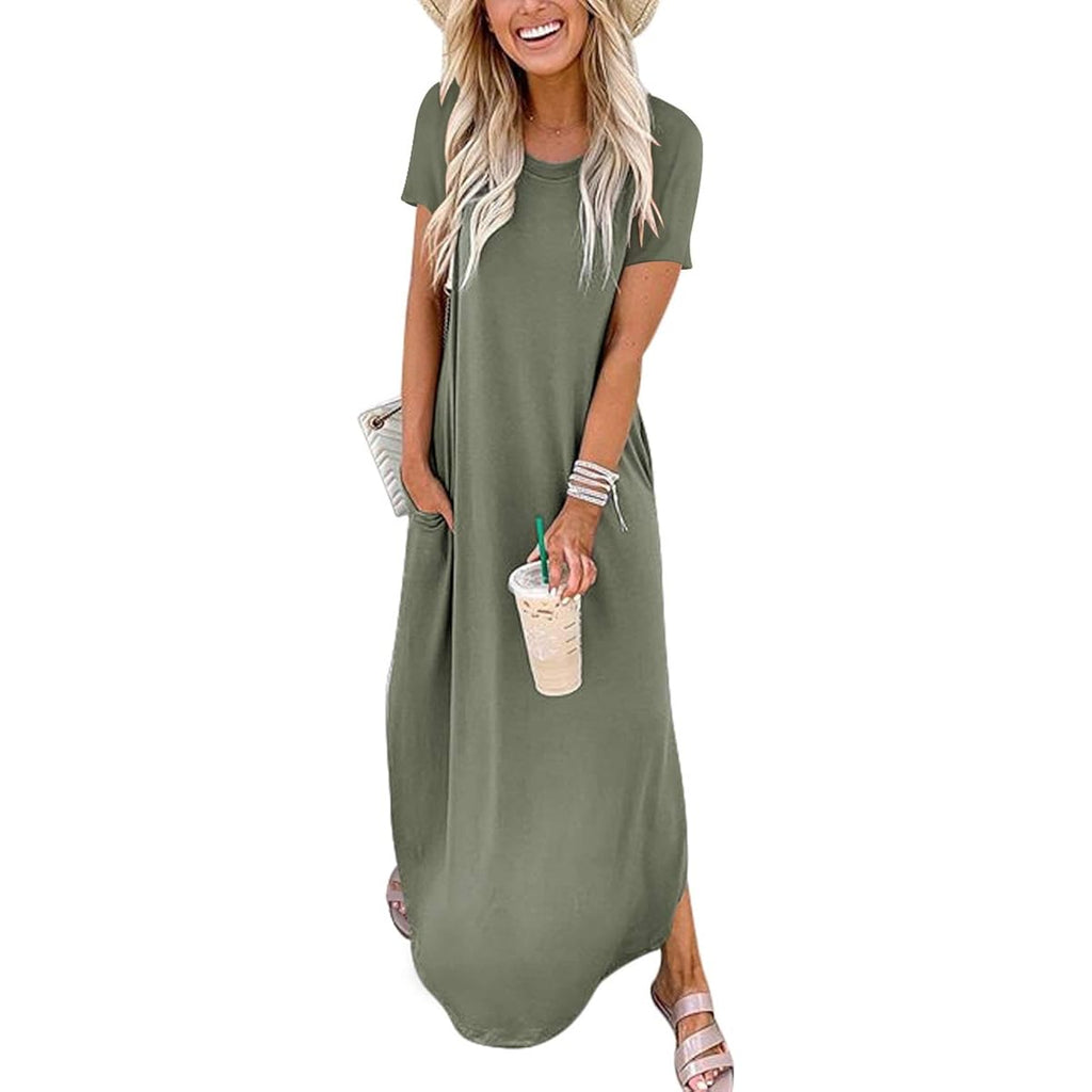 Anrabess Womens Summer Maxi Dress Short Sleeve Casual Loose Long T Shirt Dresses Split Vacation Beach Sundress Travel Outfits
