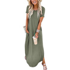 Anrabess Womens Summer Maxi Dress Short Sleeve Casual Loose Long T Shirt Dresses Split Vacation Beach Sundress Travel Outfits