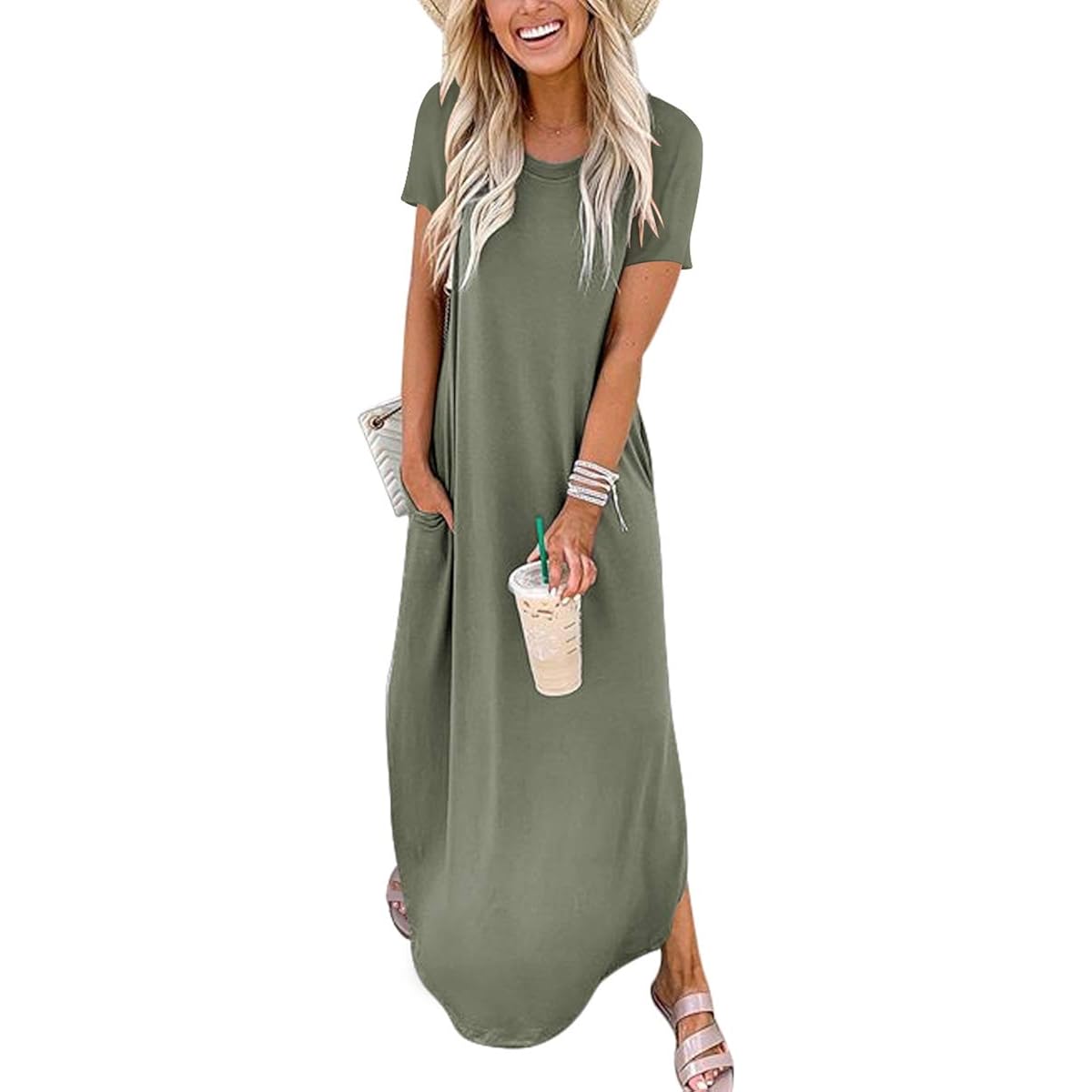 Anrabess Womens Summer Maxi Dress Short Sleeve Casual Loose Long T Shirt Dresses Split Vacation Beach Sundress Travel Outfits