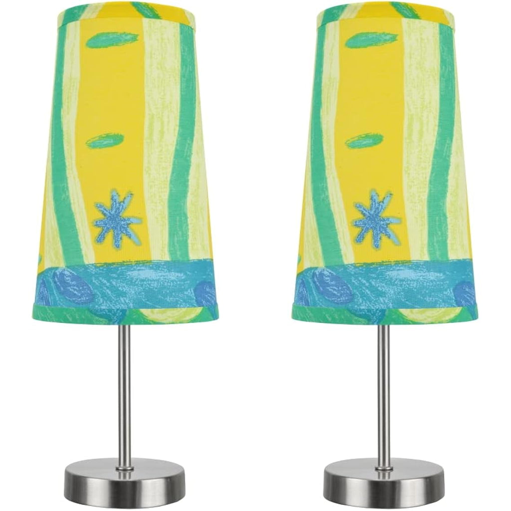 Aspen Creative 40084-4A, 2-Pack Set - 1 Light Candlestick Table Lamp, Contemporary Design In Satin Nickel, 14 1/4" High, Blue, Yellow, Green Lamp Shade