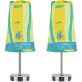Aspen Creative 40084-4A, 2-Pack Set - 1 Light Candlestick Table Lamp, Contemporary Design In Satin Nickel, 14 1/4" High, Blue, Yellow, Green Lamp Shade