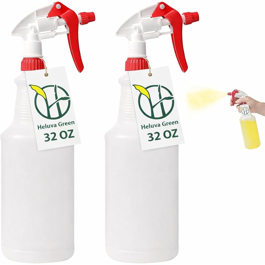 Heavy Duty 32Oz Plastic Spray Bottles For Cleaning - Large Empty Industrial Bottles For Gardening Solutions, Vinegar, Chemicals, Professional Cleaners - Adjustable Sprayer Nozzle - Red 2 Pack