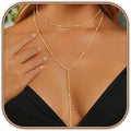 HERIER Lariat Gold Necklace for Women, Dainty Long Necklace 14k Gold Plated/Silver Y-Shaped Layered Beaded Chain Drop Necklaces for Women Trendy Simple Gold Jewelry for Women Gifts