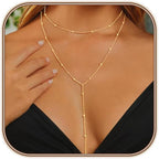 HERIER Lariat Gold Necklace for Women, Dainty Long Necklace 14k Gold Plated/Silver Y-Shaped Layered Beaded Chain Drop Necklaces for Women Trendy Simple Gold Jewelry for Women Gifts