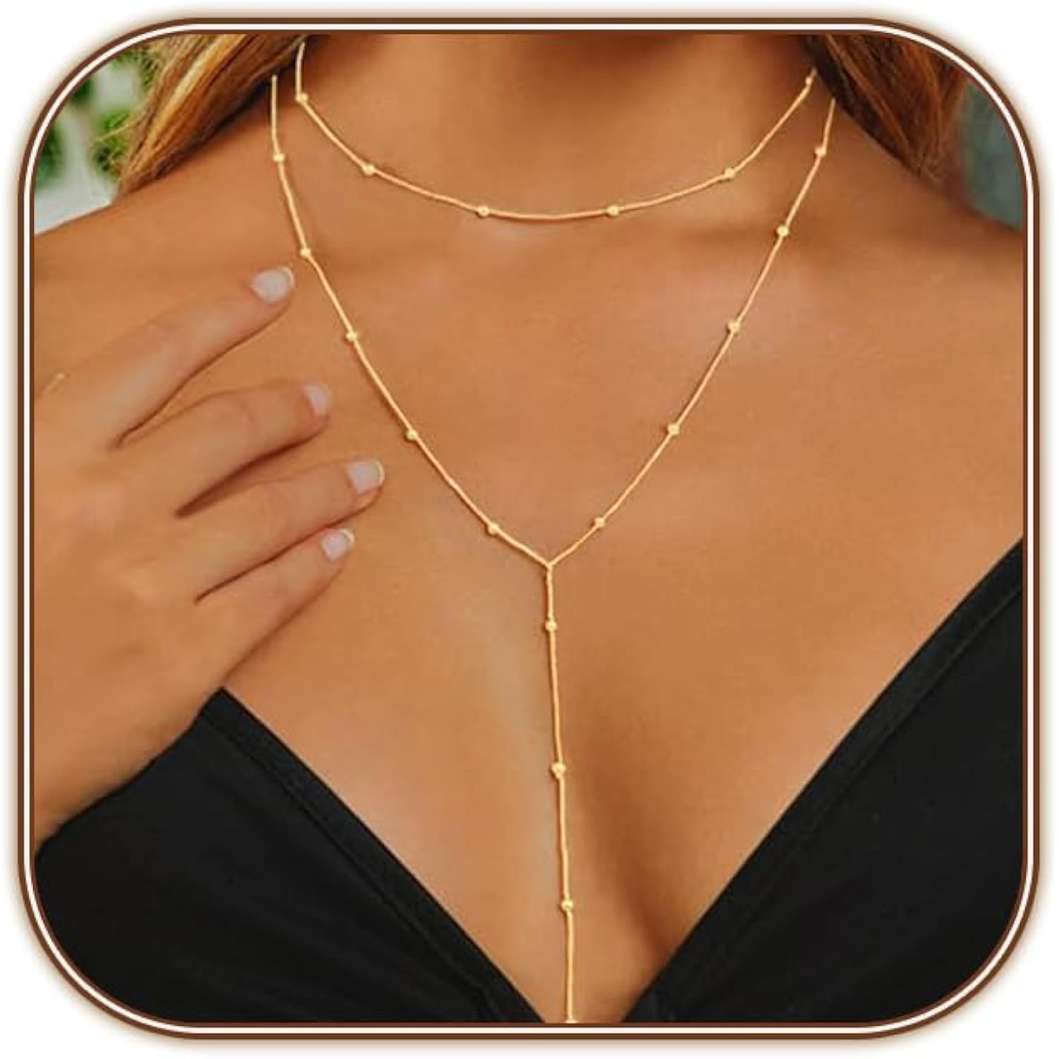 HERIER Lariat Gold Necklace for Women, Dainty Long Necklace 14k Gold Plated/Silver Y-Shaped Layered Beaded Chain Drop Necklaces for Women Trendy Simple Gold Jewelry for Women Gifts
