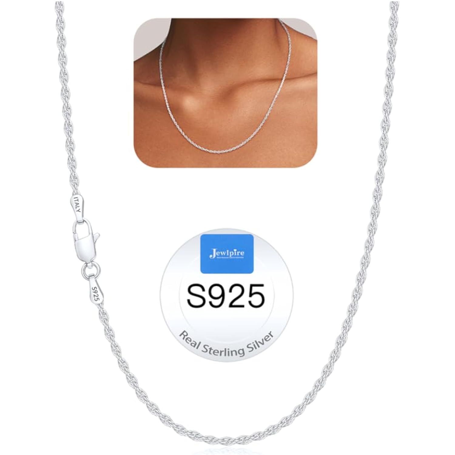 Jewlpire 2mm Rope Chain 925 Sterling Silver Chain Necklace for Women, 14K Gold Plated Chains for Women Smooth & Sturdy Women's Chains Necklace, 16 18 20 22 24 26 Inch