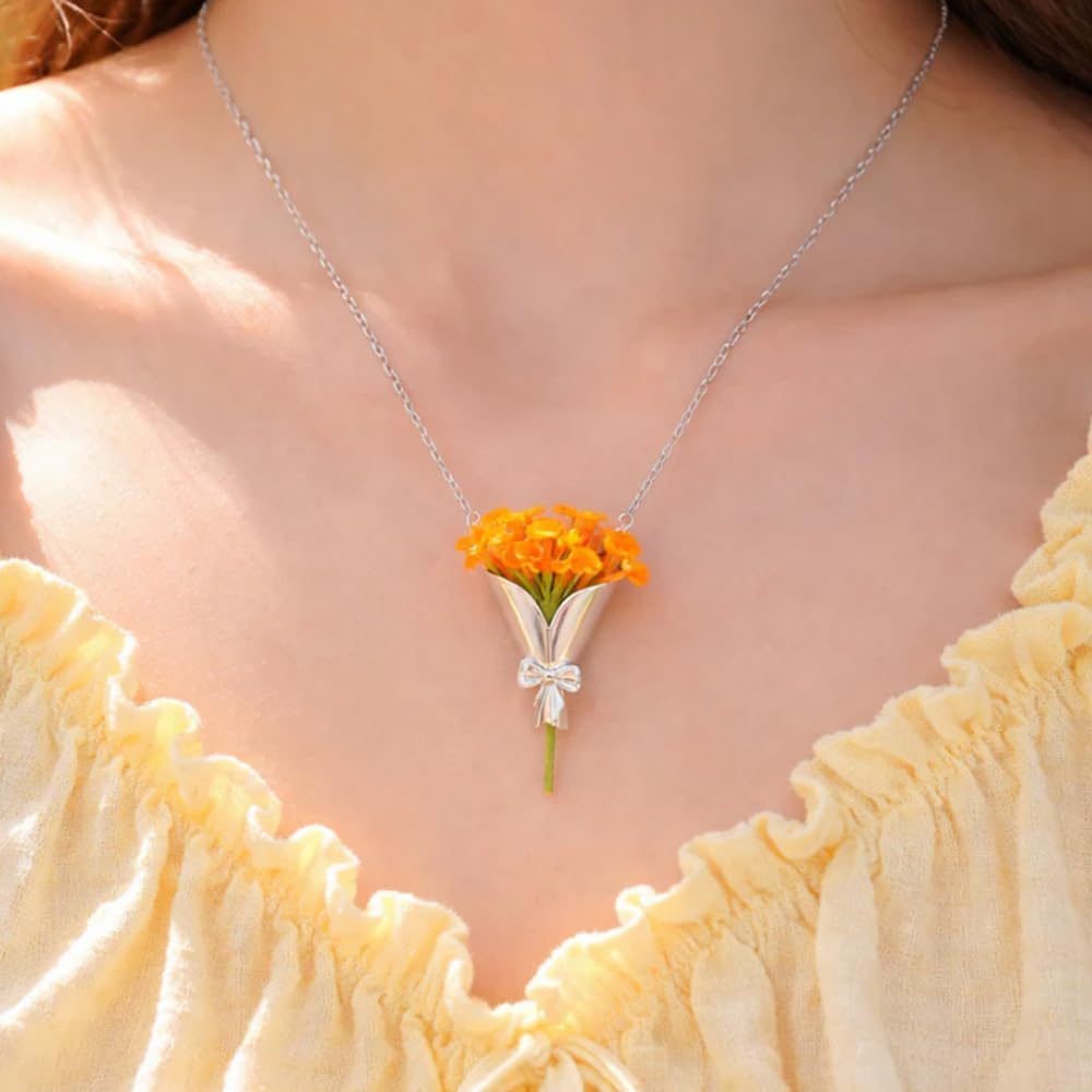 Roe Dolph Flower Bouquet Necklace Flower Holder Necklace Pendant Creative Floral Vase Necklaces Kawaii Aesthetic Spring Dresses Mothers Day Jewelry Gifts Graduation Gifts for Daughter 2026