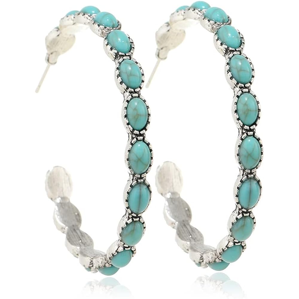 Boho Turquoise Oval Drop Dangle Earrings for Women Beaded Western Flower Teardrop Earrings Vintage Ethnic Alloy Pendant Jewelry Gift