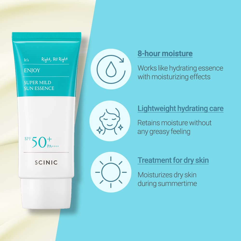 Scinic Enjoy Super Mild Sun Essence 2 Set Spf50+ Pa++++ 1.69 Fl Oz(50Ml) | A Lightweight Hydrating Sun Essence That Leaves No Sticky Feeling | Korean Skincare