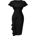 Memoriesea Women'S Vintage Church Ruffle Sleeve Ruched Bodycon Work Midi Pencil Dress