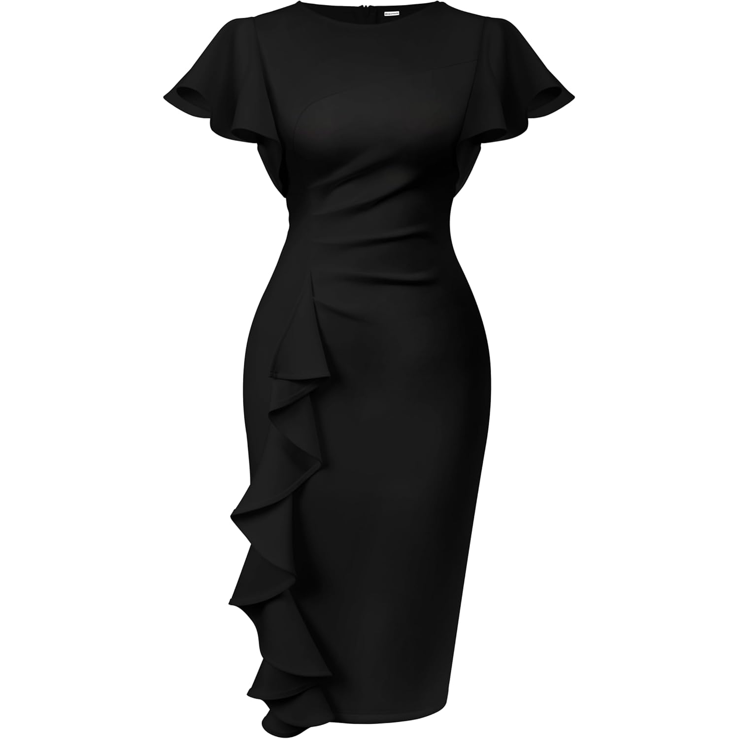 Women's Vintage Church Ruffle Sleeve Ruched Bodycon Work Midi Pencil Dress