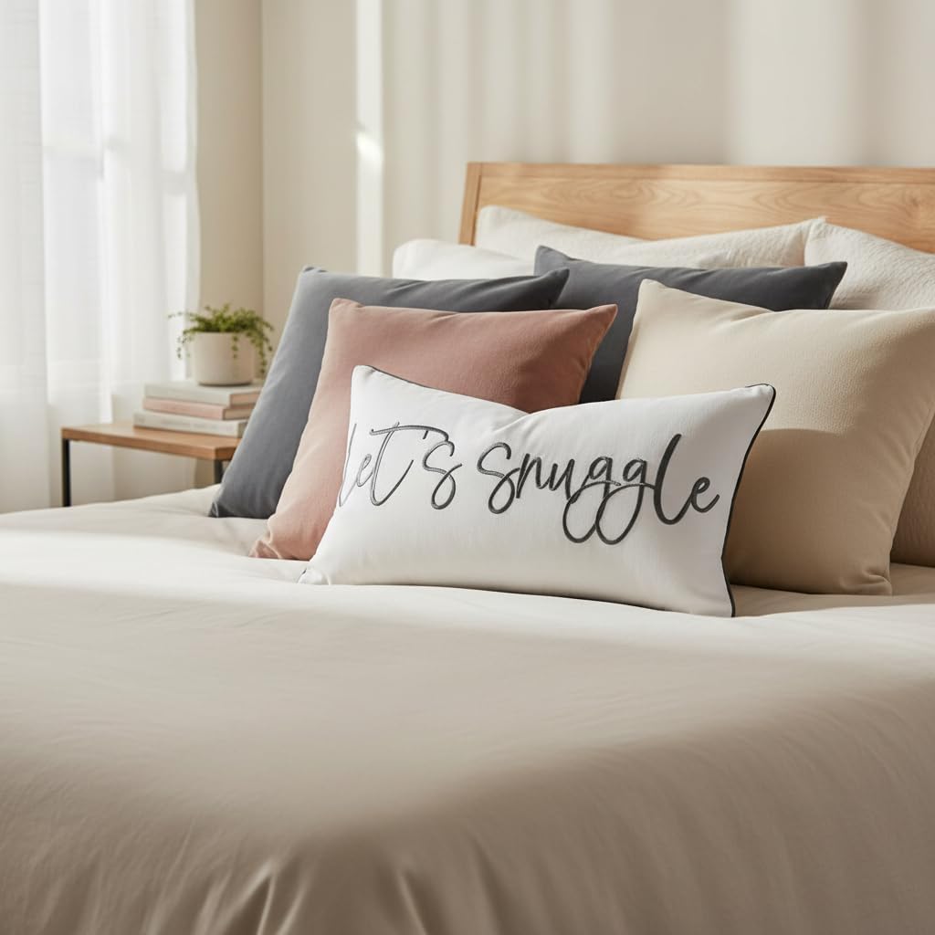 Sunkifover Let's Snuggle Decorative Lumbar Pillow Cover - 12x20 Inch White and Grey Cotton Embroidery Throw Pillowcase for Bed, Bedroom, Living Room, Home Decor