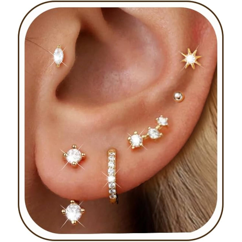 6 Pairs 14K Gold Plated Stud Earrings for Women, Hypoallergenic Cartilage Earrings for Multiple Piercing, Dainty Small Stackable Earrings Set for Jewelry Gift