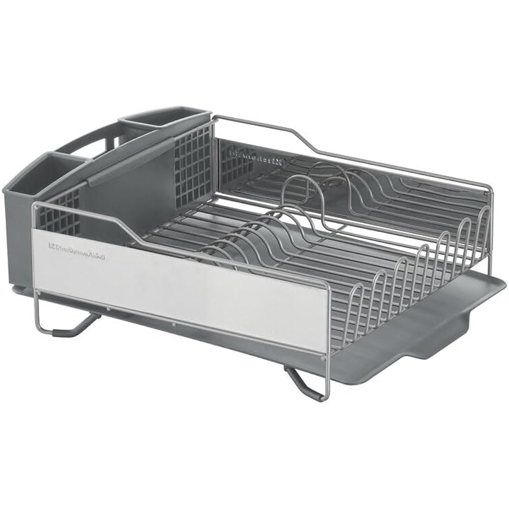 KitchenAid Large Capacity Full Size Rust Resistant Dish Rack with Angled Drain Board and Removable Flatware Caddy, Light Grey
