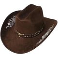 Women Men Western Cowboy Hat, Wide Brim Cattle Head Belted Floral Embroidery Cowgirl Hat Felt Jazz Cap for Rodeo Party Coffee