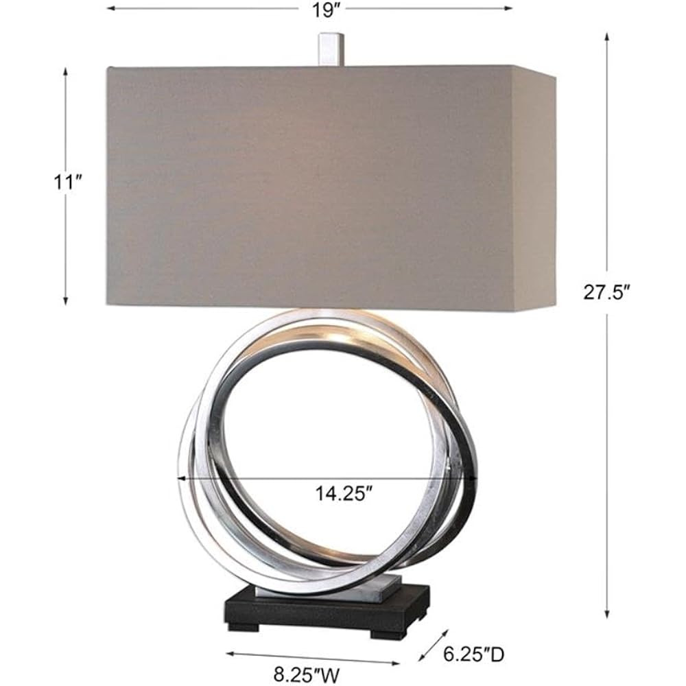 Bowery Hill Steel And Linen Rings Table Lamp, 27.5 In Height, Silver And Light Beige Finish, Rectangle Hardback Shade, 3-Way Socket, 1 Light, 150W, Modern Accent Lighting For Living Room Or Bedroom