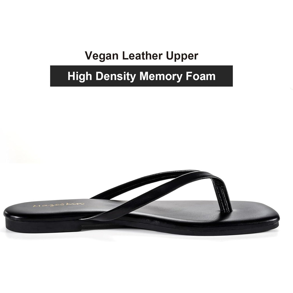 Mazeskin Womens Flip Flops Vegan Leather Memory Foam Square Toe Flat Sandals Summer Beach Slides