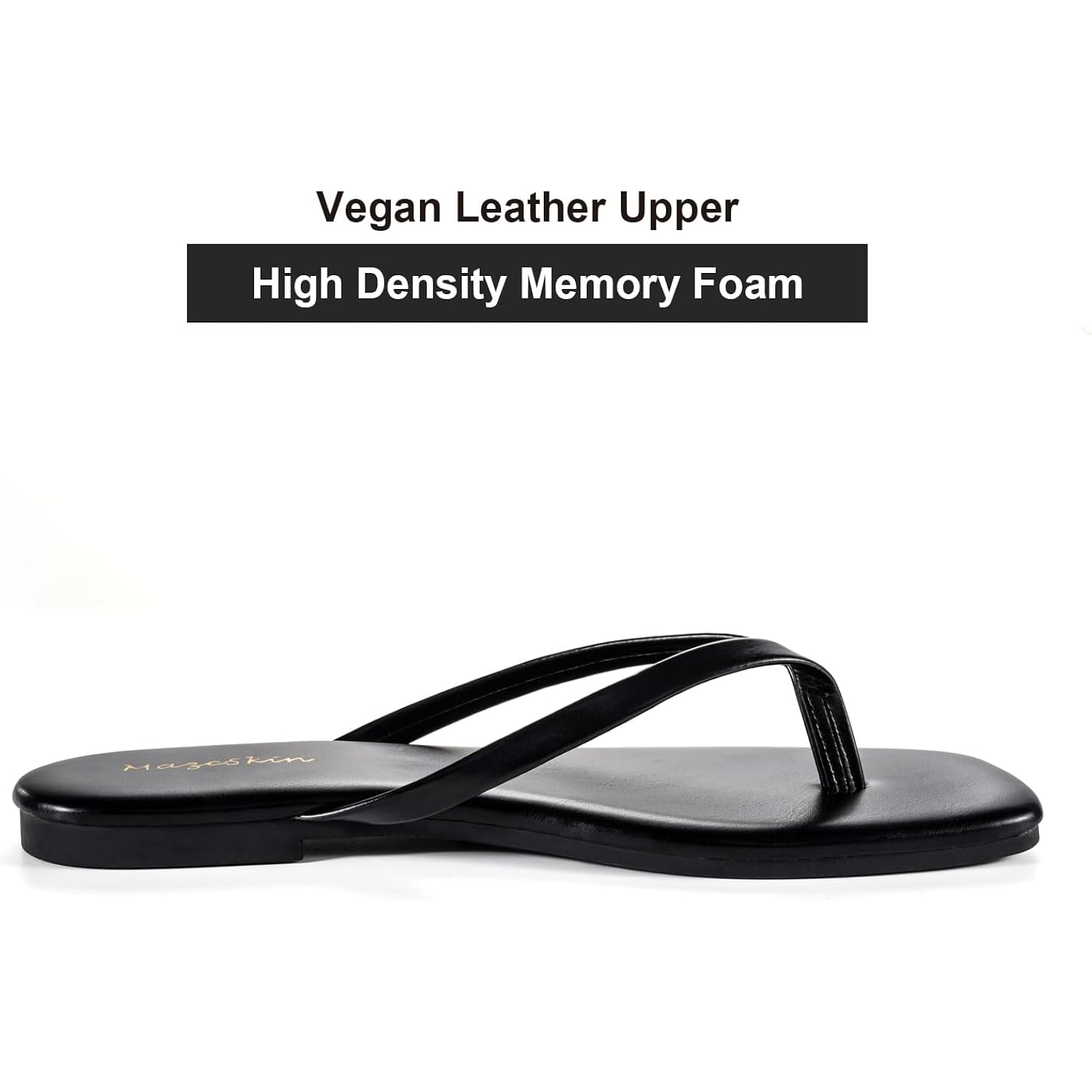 Mazeskin Womens Flip Flops Vegan Leather Memory Foam Square Toe Flat Sandals Summer Beach Slides
