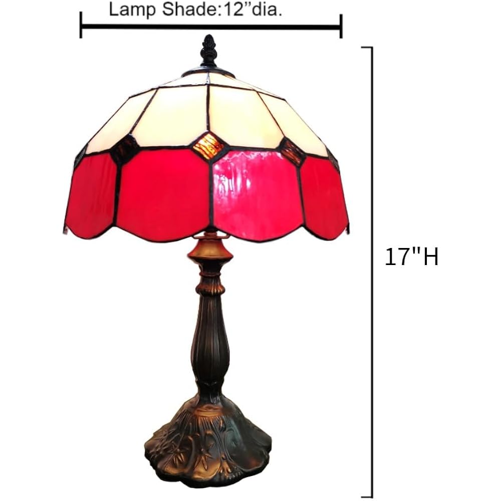 Red And White Genuine Stained Glass Shade & Lamp Base - Perfect For A Living Room, Bedroom, Office, & More
