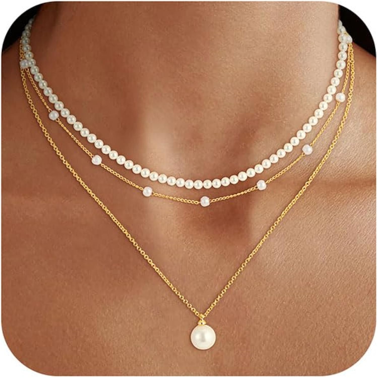 Mothers Day Gifts - Pearl Necklace, 18K Gold/Silver Plated Layered Pearl Necklaces Dainty Pearls Choker Necklace and Earring Set Mothers Day Birthday Gifts for Mom Wife Daughter Sister Friends