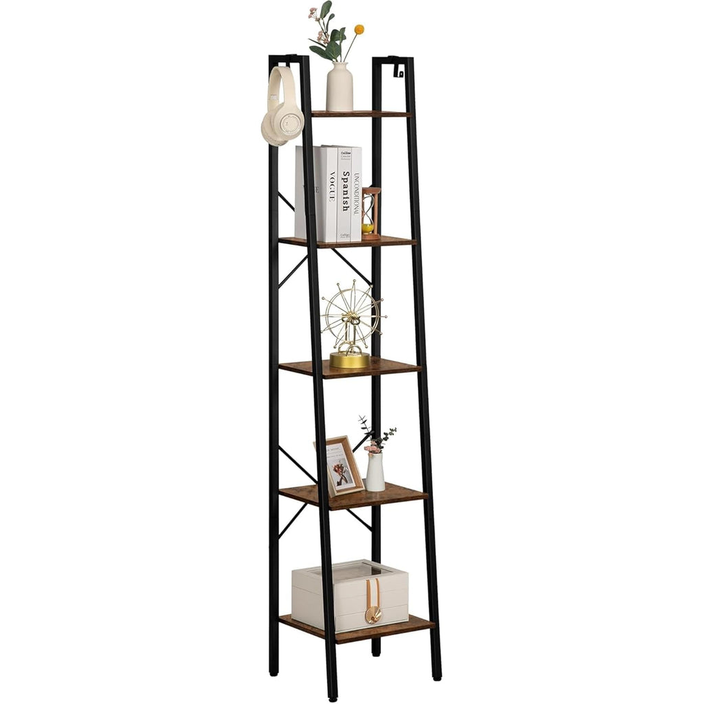 Hzuaneri Ladder Shelf, Bookshelf Bookcase, Freestanding Corner Storage Shelve With 2 Hooks For Home Office, Living Room, Kitchen, Bedroom, Industrial, 11.8" D X 13.4" W X 63" H, Rustic Brown Bc03201B