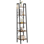 Hzuaneri Ladder Shelf, Bookshelf Bookcase, Freestanding Corner Storage Shelve With 2 Hooks For Home Office, Living Room, Kitchen, Bedroom, Industrial, 11.8" D X 13.4" W X 63" H, Rustic Brown Bc03201B