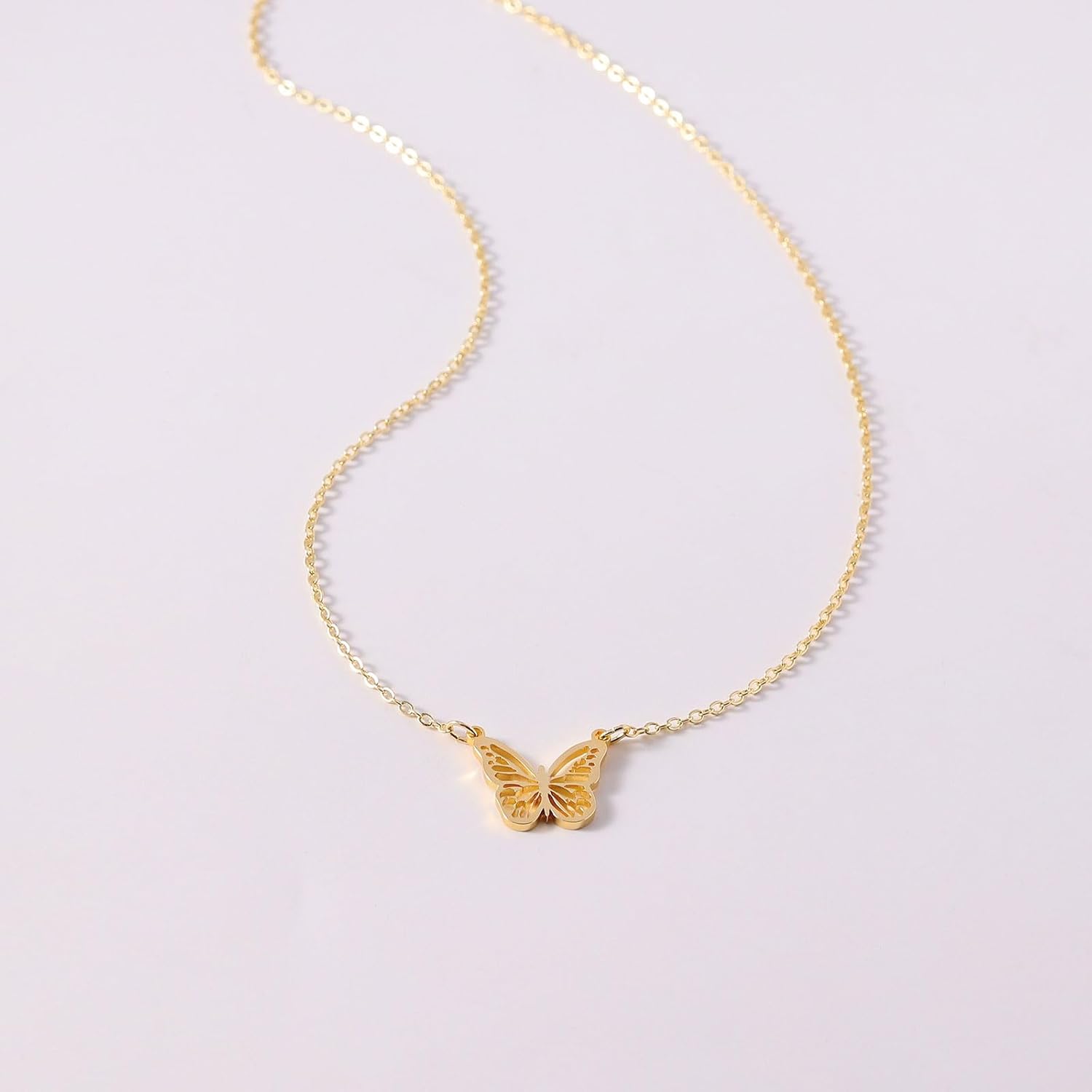 14K Gold Plated Dainty Pendant Butterfly Bead Boot Bee Baseball Flower Compass Airplane Heart Hummingbird Tree Necklace Simple Jewelry Gift for Women