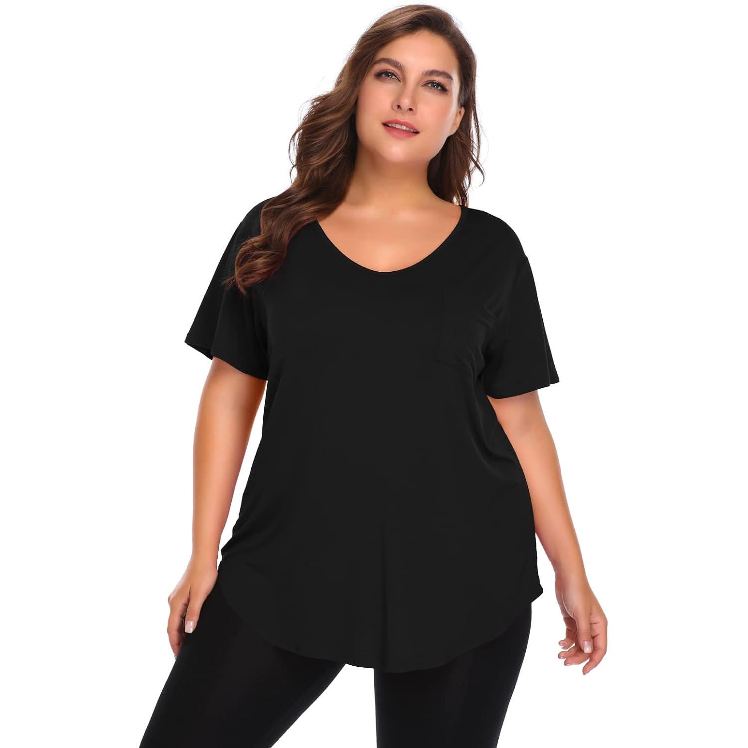 Women Plus Size V-Neck Tunic Tops Loose T Shirt with Pocket