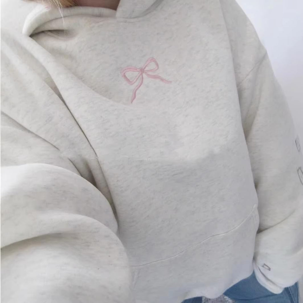 Women Bow Embroidery Hoodie Teen Girls Cute Graphic Hooded Loose Preppy Y2K Long Sleeve Pullover Hoodie Tops