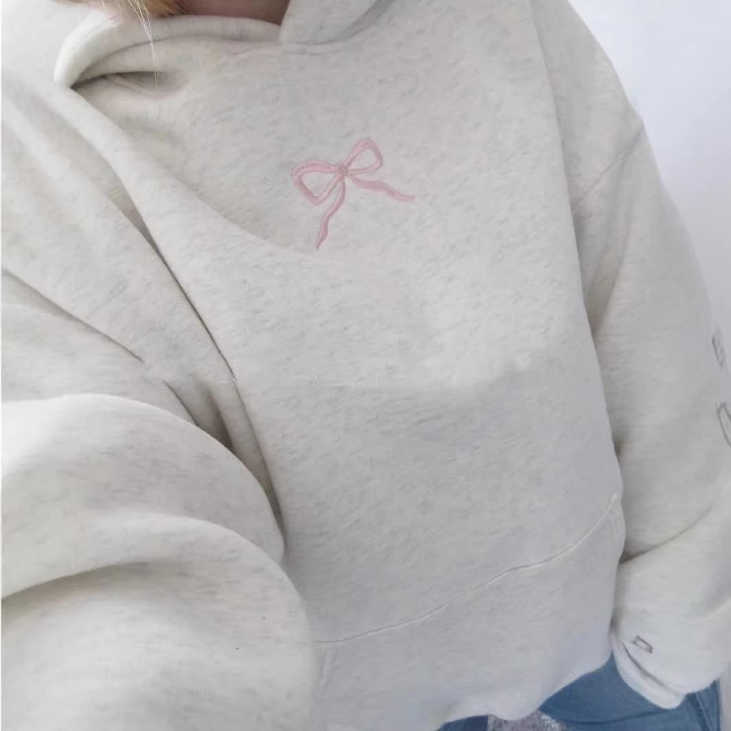 Women Bow Embroidery Hoodie Teen Girls Cute Graphic Hooded Loose Preppy Y2K Long Sleeve Pullover Hoodie Tops