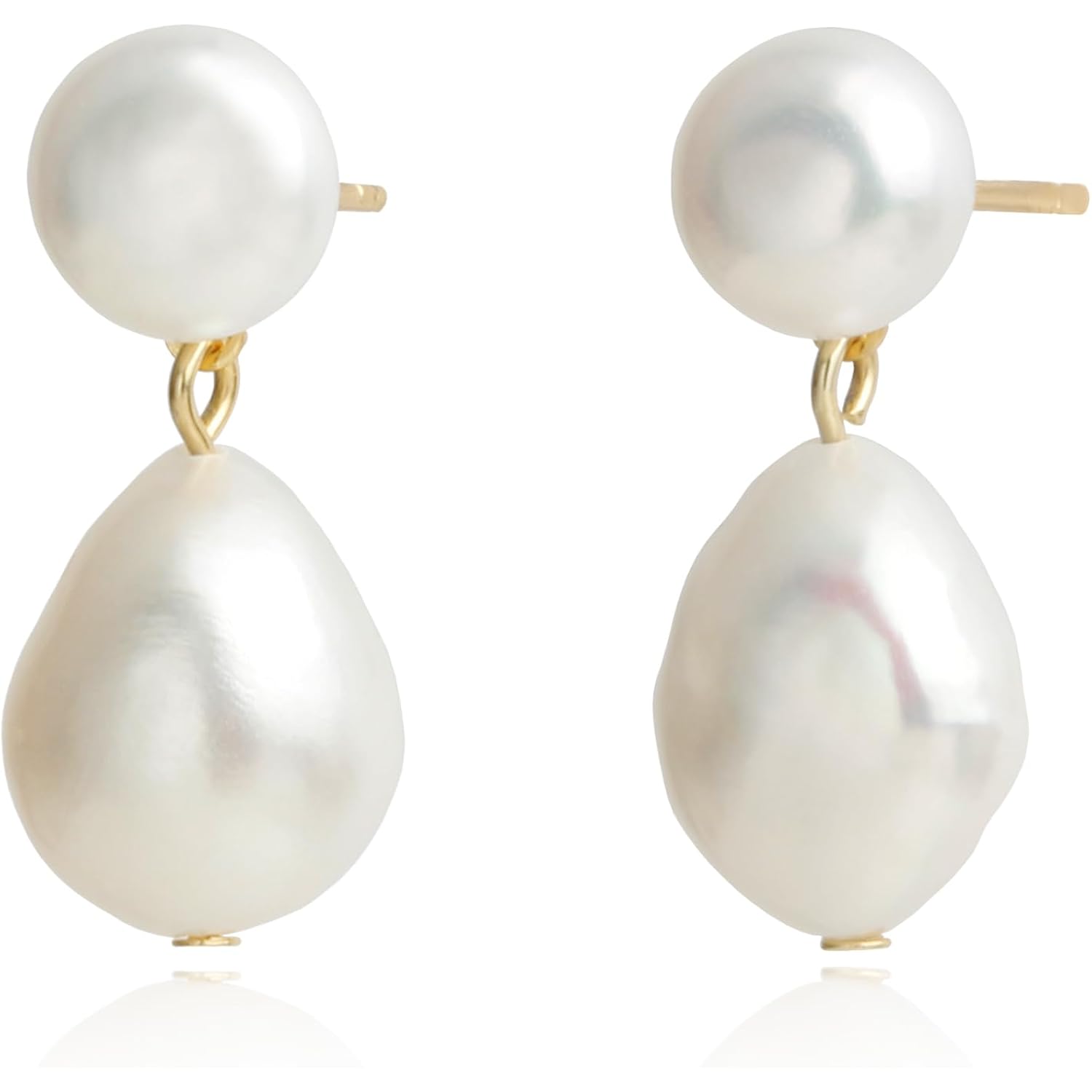Handmade Freshwater Cultured White Baroque Pearl Dangling Drop Earrings for Women, 14K Gold Plated